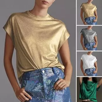 Женская повседневная футболка с воротником-стойкой и коротким рукавом, свободная посадка, однотонный сверкающий пуловер S зелёный