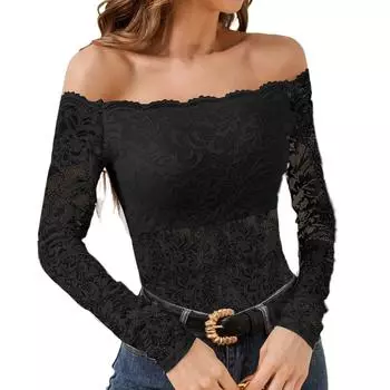 Женская повседневная футболка с воротником-веером, прямым вырезом и открытыми плечами, кружевная футболка, топ с длинными рукавами L чёрный