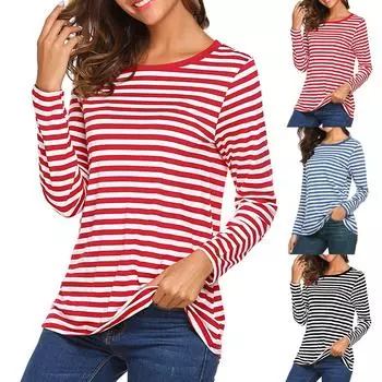 Женская повседневная футболка свободного кроя с длинным рукавом и круглым вырезом в полоску L чёрный