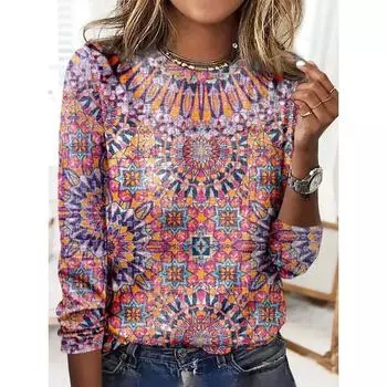 Женская повседневная футболка свободного кроя с круглым вырезом и длинными рукавами с цифровой печатью, демонстрация S