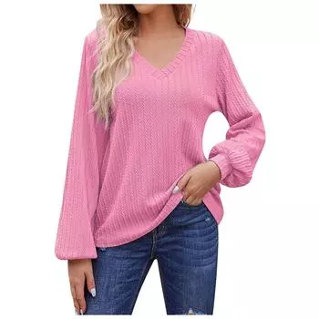 Женская повседневная футболка свободного кроя с V-образным вырезом, однотонная, с длинным рукавом, женский топ S розовый
