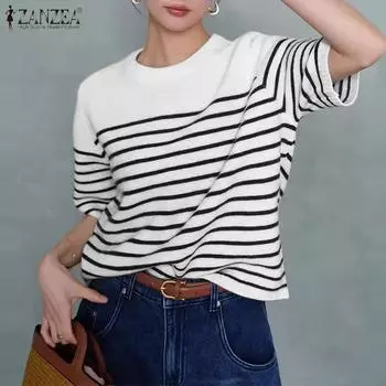 Женская повседневная футболка ZANZEA с круглым вырезом и коротким рукавом в полоску M розовый