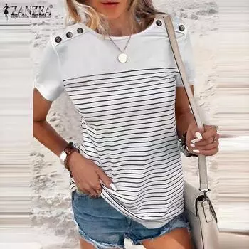 Женская повседневная футболка ZANZEA с круглым вырезом и коротким рукавом в полоску S белый