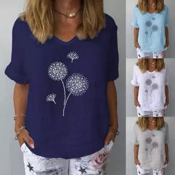 Женская повседневная хлопковая льняная блузка с v-образным вырезом и коротким рукавом с принтом одуванчика, футболка L белый