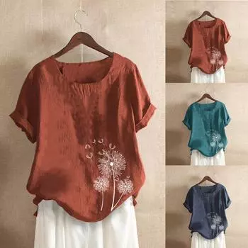 Женская повседневная хлопковая льняная блузка с коротким рукавом и принтом, футболка