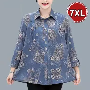Женская повседневная хлопковая рубашка с принтом бабушки, рубашка с круглым вырезом, короткими рукавами, рубашка больших размеров, свободная блузка с графическим рисунком 7XL