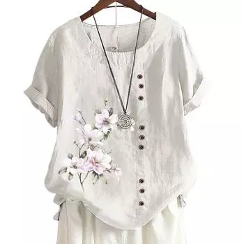 Женская повседневная хлопково-льняная футболка с 6 принтами, круглым вырезом и короткими рукавами, S-5XL S