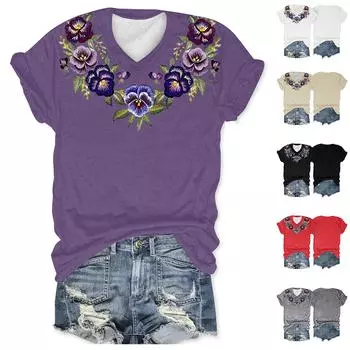 Женская повседневная и модная футболка с v-образным вырезом и короткими рукавами с цветочным принтом L чёрный