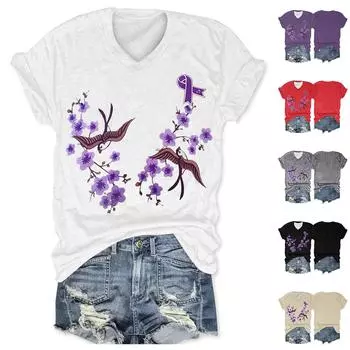 Женская повседневная и модная футболка с v-образным вырезом и короткими рукавами с цветочным принтом L чёрный