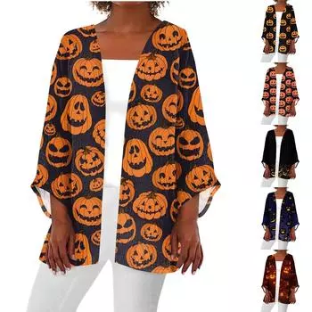 Женская повседневная и модная легкая куртка средней длины с принтом на Хэллоуин M шафрановый