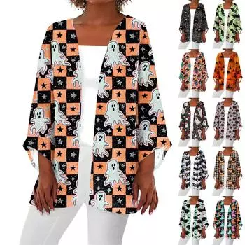 Женская повседневная и модная легкая куртка средней длины с принтом на Хэллоуин L тёмно-синий