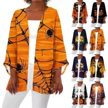 Женская повседневная и модная легкая куртка средней длины с принтом на Хэллоуин XL