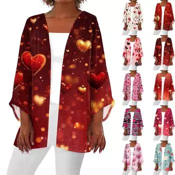 Женская повседневная и модная легкая куртка средней длины с принтом ко Дню святого Валентина, кардиган L бежевый