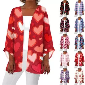 Женская повседневная и модная легкая куртка средней длины с принтом ко Дню святого Валентина, кардиган L бежевый