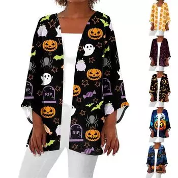Женская повседневная и модная легкая куртка средней длины с принтом на Хэллоуин XXL чёрный