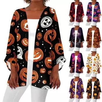 Женская повседневная и модная легкая куртка средней длины с принтом на Хэллоуин XL