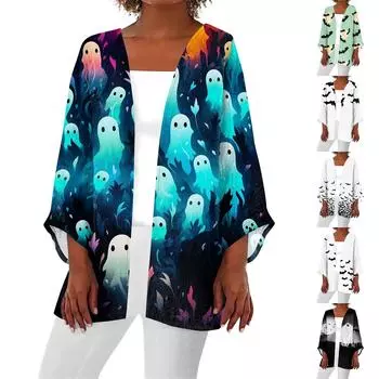 Женская повседневная и модная легкая куртка средней длины с принтом на Хэллоуин XXXL чёрный