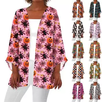 Женская повседневная и модная легкая куртка средней длины с принтом на Хэллоуин M красный