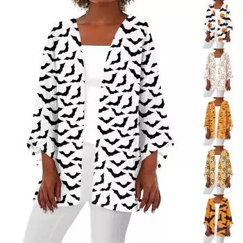 Женская повседневная и модная легкая куртка средней длины с принтом на Хэллоуин XXXL бежевый