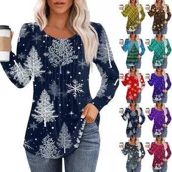 Женская повседневная и модная принтованная футболка с круглым вырезом и длинными рукавами, плиссированная футболка на Рождество L фиолетовый