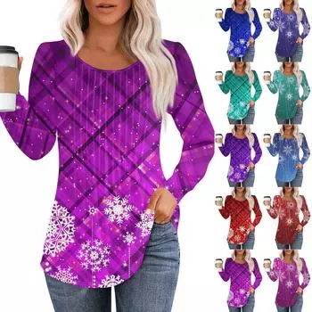 Женская повседневная и модная принтованная футболка с круглым вырезом и длинными рукавами, плиссированная футболка на Рождество S синий