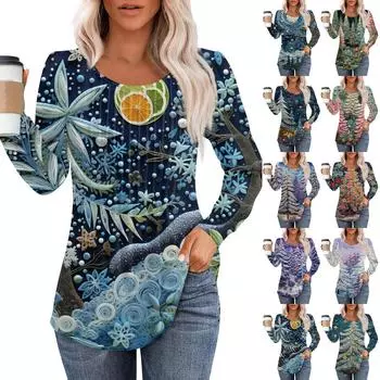 Женская повседневная и модная принтованная футболка с круглым вырезом и длинными рукавами, плиссированная футболка на Рождество XXXL розовый