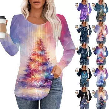 Женская повседневная и модная принтованная футболка с круглым вырезом и длинными рукавами, плиссированная футболка на Рождество S
