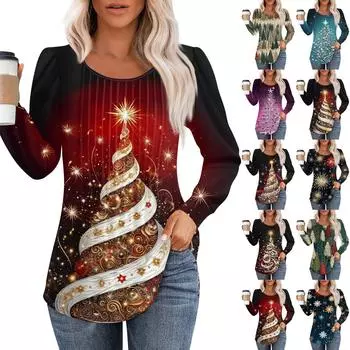 Женская повседневная и модная принтованная футболка с круглым вырезом и длинными рукавами, плиссированная футболка на Рождество XL синий