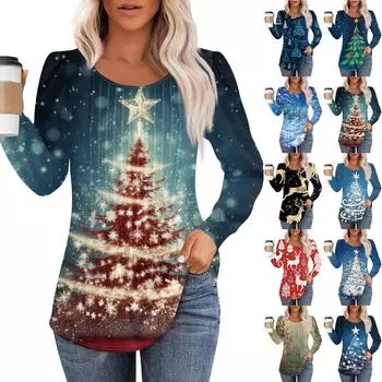 Женская повседневная и модная принтованная футболка с круглым вырезом и длинными рукавами, плиссированная футболка на Рождество M синий