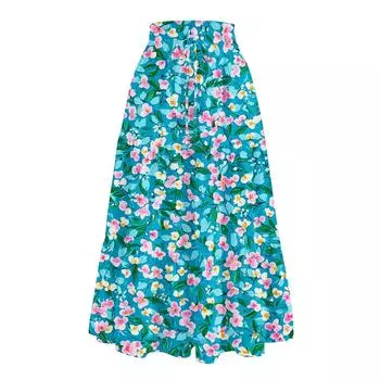 Женская повседневная и модная юбка с цветочным принтом и эластичным поясом, свободная юбка с талией L циан