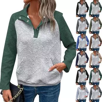 Женская повседневная и удобная толстовка с v-образным вырезом и воротником-стойкой контрастного цвета с длинными рукавами в стиле пэчворк XL