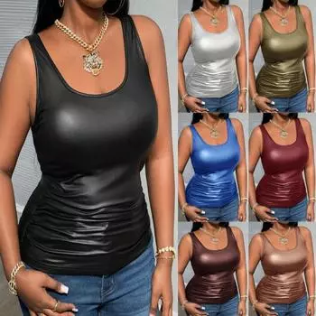 Женская повседневная и универсальная черная кофточка из искусственной кожи с глубоким U-образным вырезом и открытой спиной 4XL чёрный