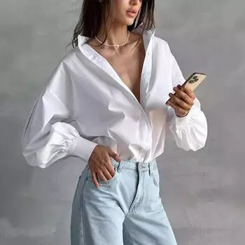 Женская повседневная классическая рубашка с рукавами-фонариками, с круглым вырезом, однотонная свободная базовая блузка весна-лето, однобортные топы S белый