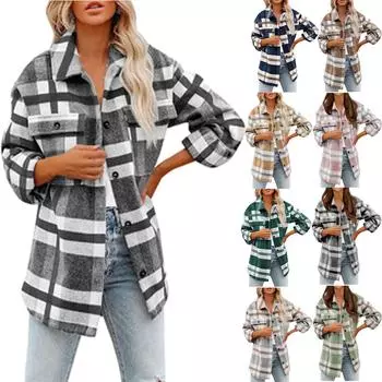 Женская повседневная клетчатая куртка на пуговицах с длинными рукавами и карманами L розовый