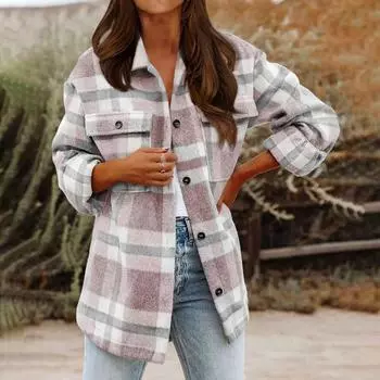 Женская повседневная клетчатая куртка на пуговицах с длинными рукавами и карманами S розовый