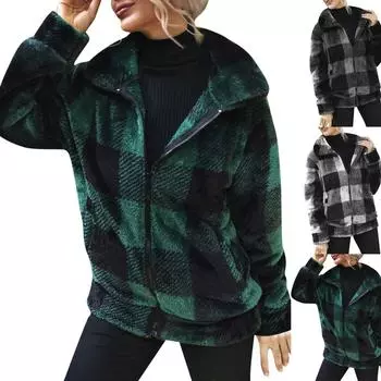 Женская повседневная клетчатая куртка средней длины с двухсторонним плюшем на молнии с длинными рукавами L темно-зеленого