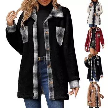 Женская повседневная клетчатая плюшевая куртка с длинными рукавами и карманами на лацканах XL чёрный