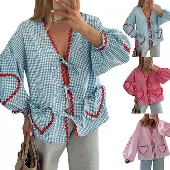 Женская повседневная клетчатая рубашка с длинным рукавом, свободные топы с ремешком и карманом в форме сердца M синий
