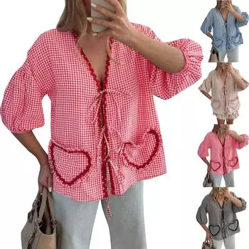 Женская повседневная клетчатая рубашка с коротким рукавом, свободные топы с ремешком и карманом в форме сердца M красный