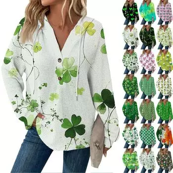 Женская повседневная кофта с длинным рукавом и V-образным вырезом на пуговицах. Кофта с капюшоном и завязками на кулиске с принтом Патрика L армия зеленый