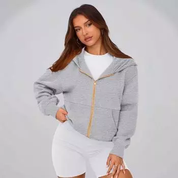 Женская повседневная короткая серая толстовка с капюшоном и длинным рукавом на молнии L серый