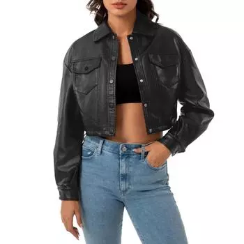 Женская повседневная кожаная куртка однотонного цвета с длинными рукавами, однобортная короткая куртка, пальто с лацканами S чёрный