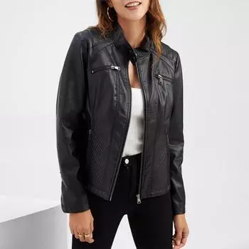 Женская повседневная кожаная куртка в стиле рок-панк, уличная одежда для мотоциклистов, осенняя тонкая однотонная женская кожаная куртка с воротником-стойкой S чёрный