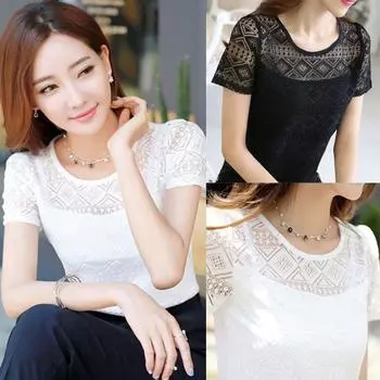 Женская повседневная кружевная блузка Femme Hollow Chiffon Shirt Blusa Feminina Tops XL чёрный