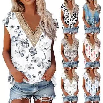 Женская повседневная кружевная лоскутная футболка с короткими рукавами и v-образным вырезом с принтом, топ L чёрный