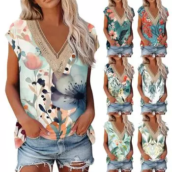 Женская повседневная кружевная лоскутная футболка с короткими рукавами и v-образным вырезом с принтом, топ L