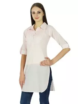 Женская Повседневная Курта Индийская Этническая Хлопковая Курти Туника Дизайнерское Твердое Верхнее Платье 14 светло-розовый