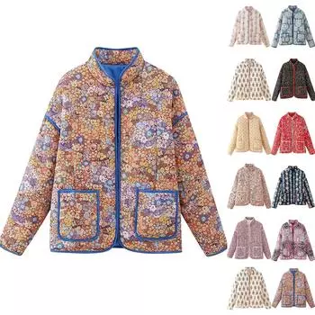 Женская повседневная куртка из хлопкового флиса с длинными рукавами и карманами, легкая, с винтажным принтом и воротником-стойкой L бежевый