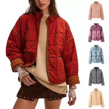 Женская повседневная куртка из хлопкового флиса с длинными рукавами и карманами, легкая, с винтажным принтом и воротником-стойкой L чёрный