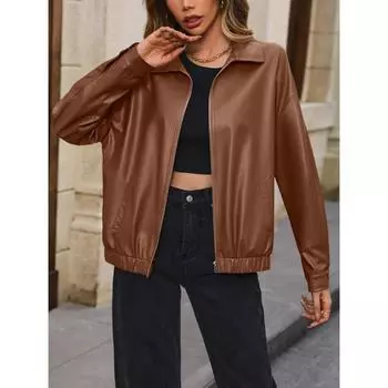 Женская повседневная куртка из искусственной кожи с коротким рукавом и молнией из искусственной кожи, однотонные куртки с лацканами S чёрный